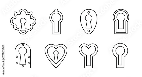 Collection of keyhole line art isolated on white background for security