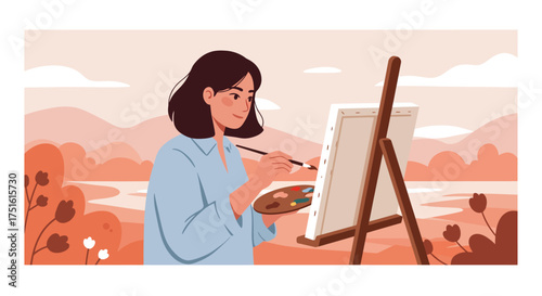 Woman Painting on Canvas with Brush and Palette Outdoors