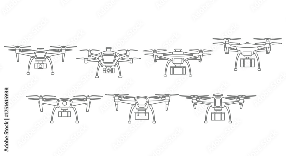 Obraz premium Set of drone icons isolated on white background in line style drawing