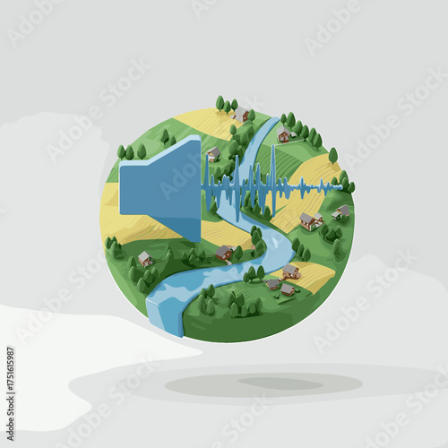 Soundscape Illustration Speaker Icon Overlooking a Serene Village.