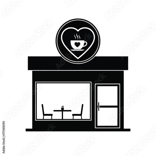 Black silhouette of a coffee shop with heart logo cafe