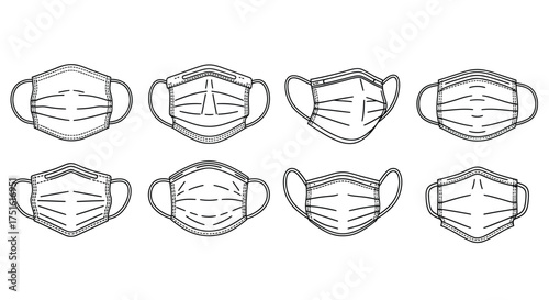 Set of medical face mask isolated on white background in line art style