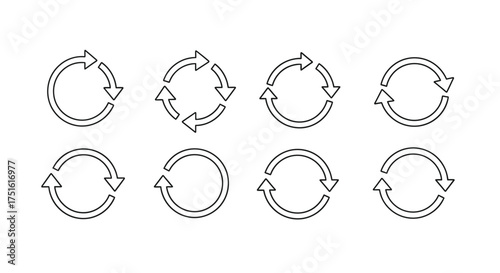 Collection of recycle arrow isolated on white background in line art style