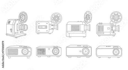 Set of projector icons isolated on white background for presentation device