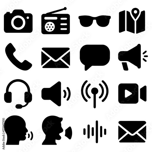 Communication and Media Icons: A collection of neatly arranged, solid black icons representing various facets of communication and media.