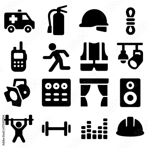 Essential Safety and Activity Icons: A meticulously crafted collection of essential icons for safety, action, and activity. These versatile symbols are designed for various uses.