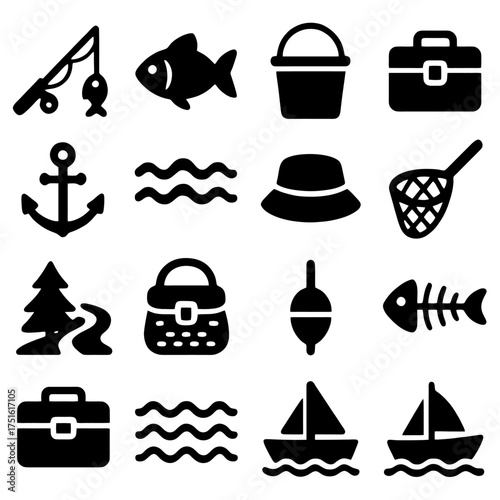 Fishing Icon Set: A collection of classic fishing-related icons, ideal for illustrating fishing, outdoor recreation, or related themes, simple and clear design, perfect for a variety of uses.