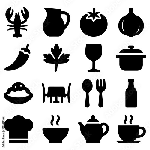 Culinary Delights Icon Set: A stylized assortment of culinary essentials, arranged artfully to represent the key ingredients and tools used in the art of cooking and dining. 