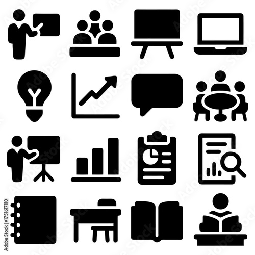 Diverse Business and Educational Icons: A collection of meticulously designed icons representing various aspects of business, education, and professional environments. conveying a modern.