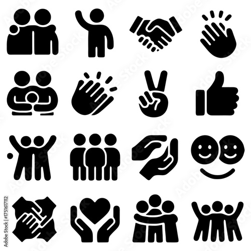 Social Connections: A collection of symbolic illustrations representing unity, agreement, teamwork, peace, and support