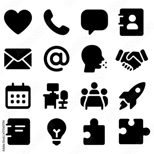 Digital Communication Icons: A collection of sleek, black icons representing a variety of modern digital communication methods.