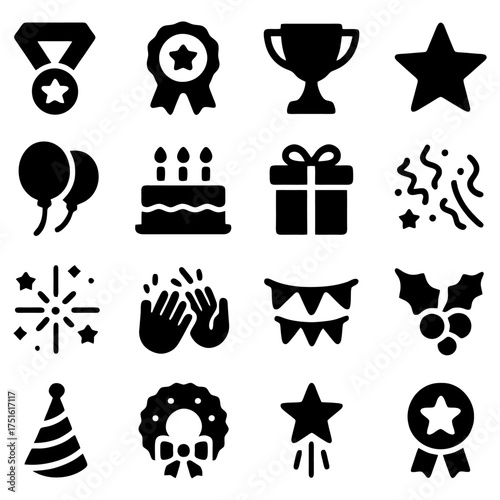 Celebration Icon Collection: A collection of celebratory icons representing the joy of achievement, marking milestones, and symbolizing significant moments. 