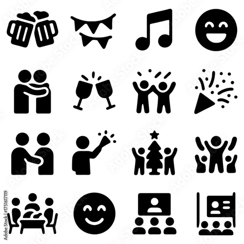  Celebration Icons: A vibrant collection of icons encapsulates the essence of merriment, camaraderie, and achievement, showcasing a diverse array of elements that capture the spirit of joyous events.