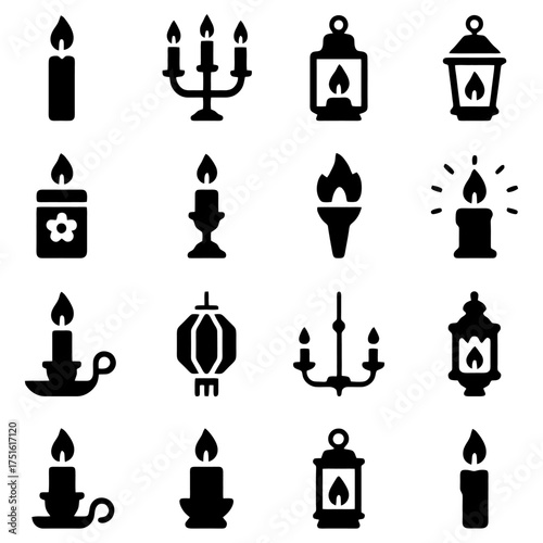 Illuminating Icons: A collection of various candle icons, including candelabras, lanterns, and more. perfect for design projects that need a touch of warmth and elegance.