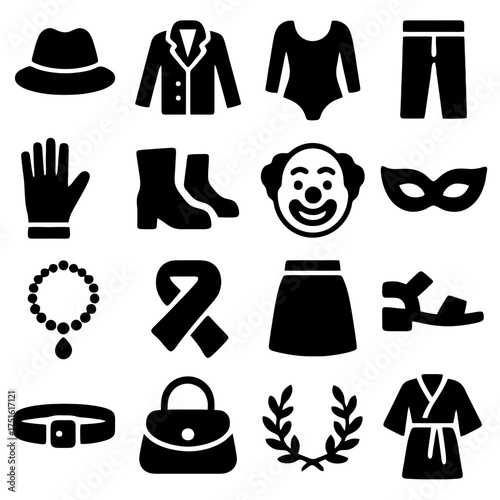 Fashion Elements Icons: A collection of diverse fashion icons, including apparel and accessories, represented in bold black glyphs.