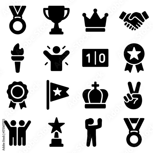 Icons of Achievement and Victory: A collection of iconic symbols, representing success, triumph, and recognition in various forms, arranged in a clean and visually engaging manner.