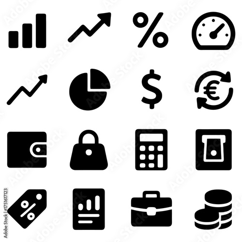 Financial Icons Set: A collection of business and finance icons, representing concepts such as growth, money, and transactions. Suitable for business, banking and finance applications. 