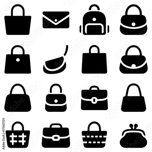 Selection of bags: Showcase a diverse collection of sleek, monochrome bags, each embodying distinct styles and functions, from tote and purse to shoulder bag and backpack.