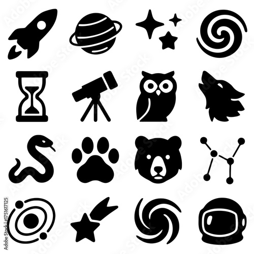 Cosmic Silhouette Collection: A collection of bold, black-and-white icons and illustrations capturing the essence of space, celestial objects, and natural elements.