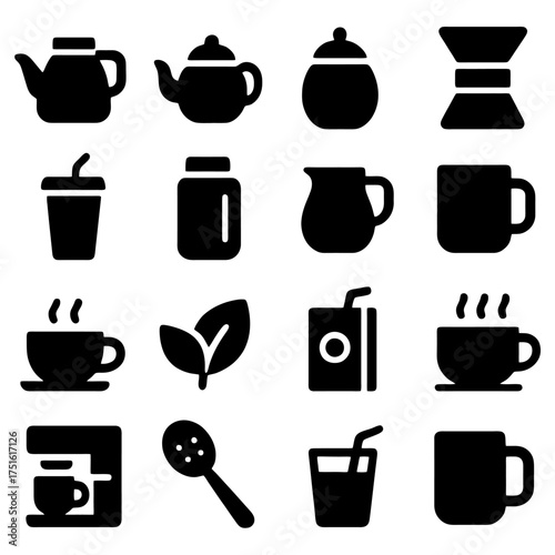 Black Coffee and Tea Silhouettes: A collection of minimalist silhouettes of coffee and tea-related items, including kettles, cups, teapots, and sugar bowls.