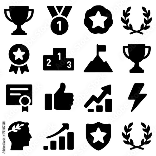 Achievement Icons: An assortment of achievement icons, from a trophy to a medal to star, signifying accomplishment, goals and success.