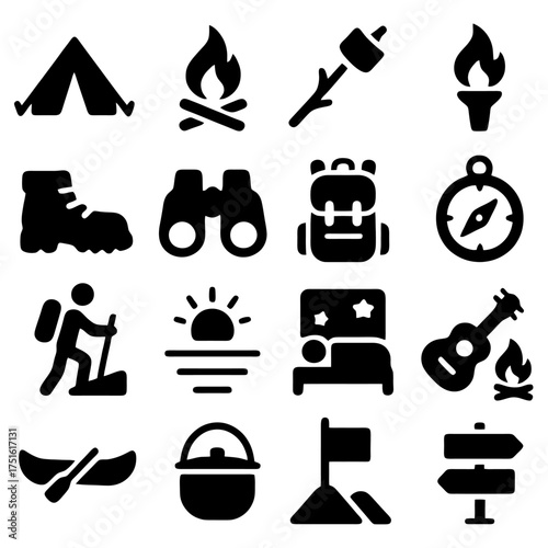 Camp Icons Collection: An assorted collection of camping-related icons, symbolizing the quintessential elements of outdoor adventure and exploration. 
