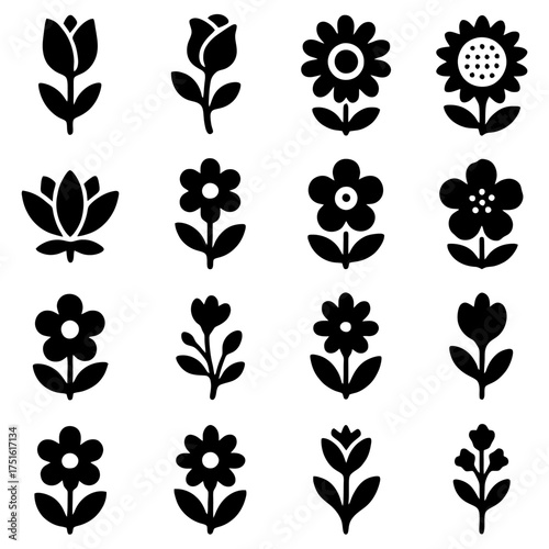 Floral Silhouettes: A collection of stylized floral silhouettes showcases a variety of bloom designs, each a testament to nature's delicate artistry. A perfect illustration of simple beauty. 