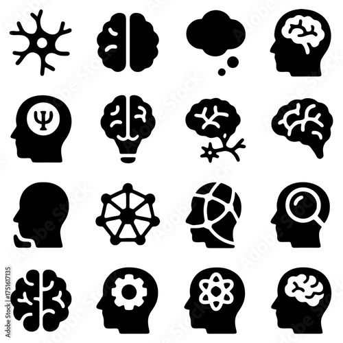 Intriguing Icons of the Mind: A collection of thought-provoking icons, symbolizing the multifaceted aspects of the human intellect, revealing the intricate workings of thought, psychology.
