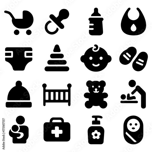 Essential Baby Items: A collection of vital objects required for infants, depicting a visual guide of baby care and child-related necessities. 