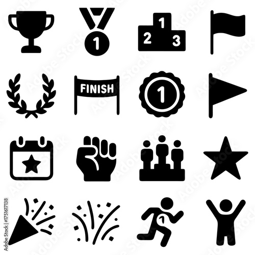 Triumphant Symbols: A collection of icons representing victory, success, and achievement, featuring a trophy, medal, podium, finish line, and other celebratory elements.