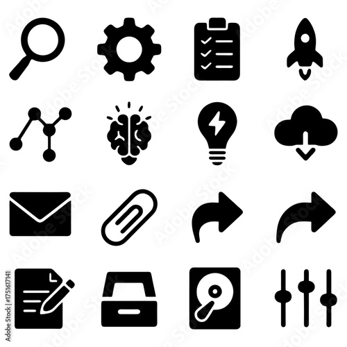 Iconic Innovation: A comprehensive collection of sleek, modern icons, symbolizing a range of concepts essential to digital and technological innovation.