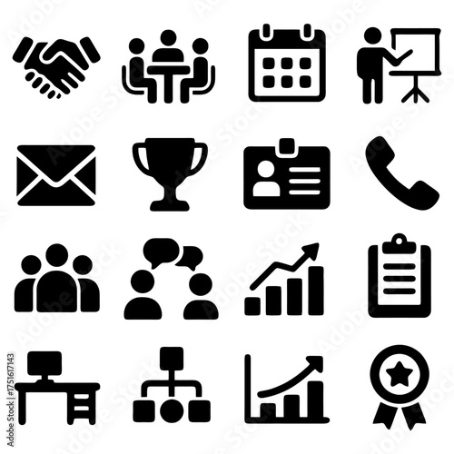 Essential Business Icons: A collection of clean, minimalistic icons symbolizing various aspects of business, communication, and teamwork, ideal for use in presentations, websites.