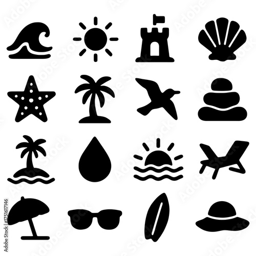 Summer Icon Set: A collection of iconic summer elements, rendered in a clean and minimalistic design. Includes waves, sun, sandcastle, seashell, starfish, palm tree, seagull, zen stones.