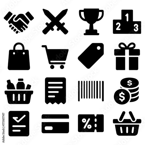 Business and Shopping Icons: A collection of meticulously crafted icons representing various aspects of business, commerce, and shopping. Conveying essential concepts with simplicity and precision.