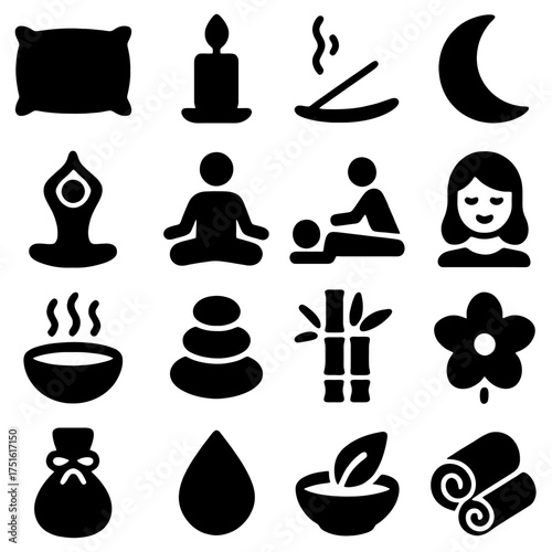 Spa and Wellness Icons: A collection of minimalist icons, offering visual representation of wellness, relaxation, and self-care, inviting the viewer to embrace tranquility.