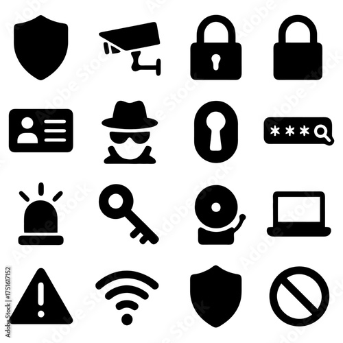 Safety and Security Icons: Collection of essential security icons illustrating protection, privacy, and safeguarding.