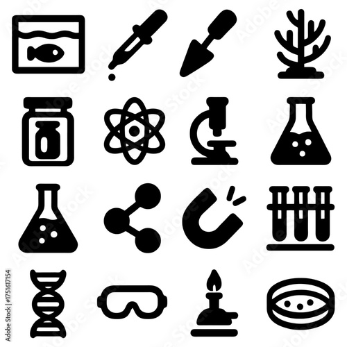 Science Icon Set: A collection of meticulously crafted icons, symbolizing scientific discovery and exploration, featuring essential lab equipment.