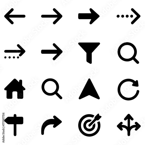 Directional & Functional Icons: A collection of sleek, black icons representing navigation, search, and control elements for a clean, modern design.