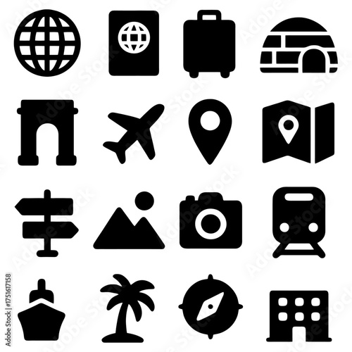 Travel Icon Set: A set of sixteen minimalist icons captures the essence of travel and exploration, perfect for digital or print projects.  