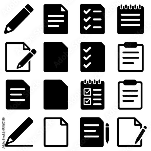 Icons of Notes and Documents: A collection of essential symbols representing writing and organization, including various document and note icons with pencils and checkmarks.