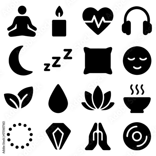 Serene Relaxation Icons: A set of thoughtfully designed icons representing the essence of relaxation, meditation, and mindfulness, inviting viewers to find their inner peace. 
