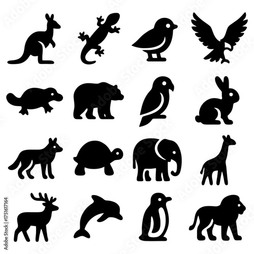 Wildlife Silhouettes Collection: A stylized arrangement of wildlife animal silhouettes, highlighting diversity and a touch of nature's aesthetic.