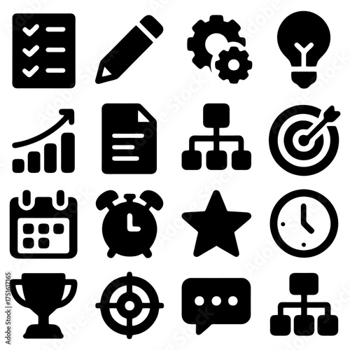 Business Icons Set: A collection of business-related icons, neatly arranged. Each icon represents a key concept, offering a visual overview of project management, planning, and execution.