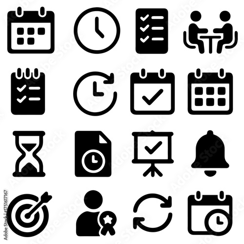Essential Time Management Icons: A concise collection of versatile icons perfectly illustrate the key elements of time management. A visual representation of every task and schedule