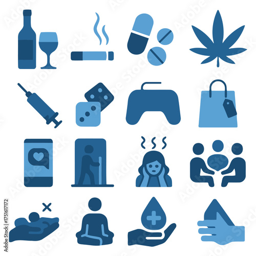 Addiction Icon Set: A detailed depiction of icons that captures the essence of addiction's diverse facets, representing its multifaceted influence