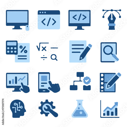 Icons of Modern Digitalization: A set of elegantly designed digital icons, representing various aspects of modern technology and digital tools, designed with a clean, contemporary aesthetic.