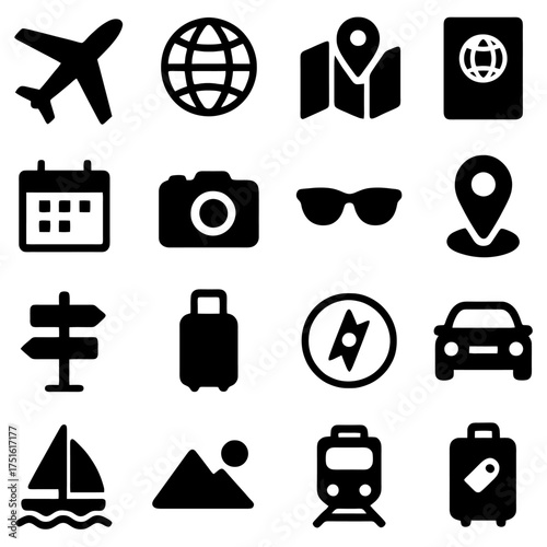 Travel Essentials: A minimalist collection of iconic travel essentials, including an airplane, globe, map, passport, camera, sunglasses, and luggage, artfully arranged against a clean backdrop.