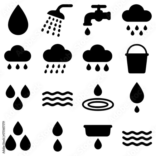 Water elements icons: A comprehensive collection of water-related icons including droplets, shower head, faucet, rain clouds, and more. Versatile designs suitable for various applications.