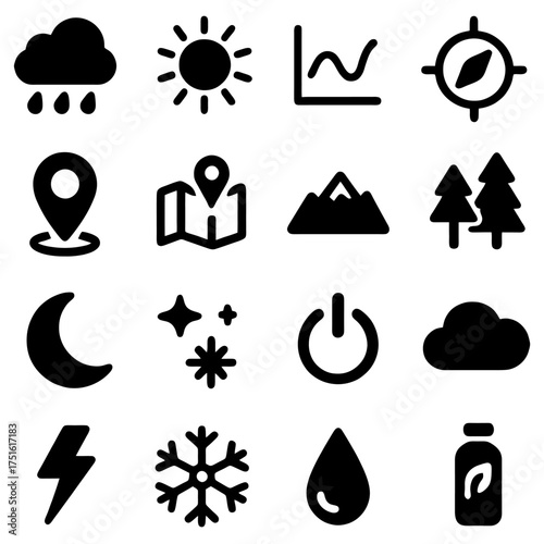 Iconic Weather and Navigation Icons: A collection of simple, monochromatic icons representing weather conditions and navigation elements, perfect for use in design projects.