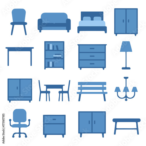 Furniture Collection: A collection of clean-lined, blue-toned furniture icons, perfectly conveying the essentials of a cozy, well-appointed home.